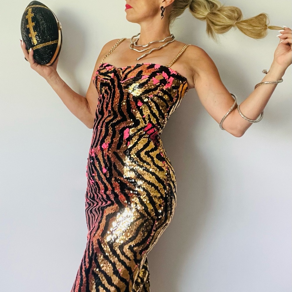 NADINE MERABI Gold and Black Sequin Zebra Midi Dress - Picture 7 of 7